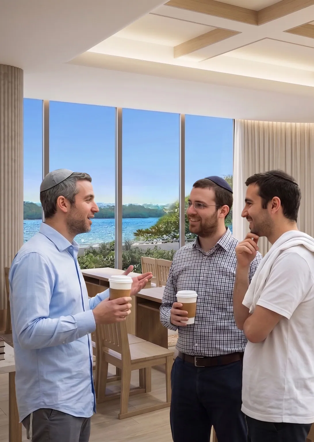 Residents with coffee by the floor-to-ceiling window, bay beyond