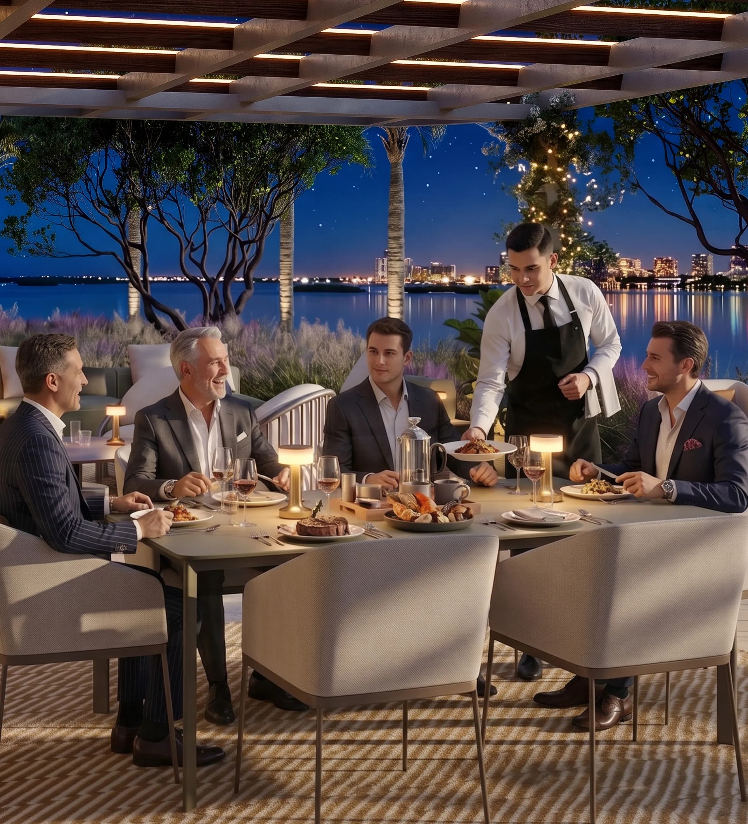 Evening pergola dinner at dusk, a waiter serving the table as the city lights glow across the bay