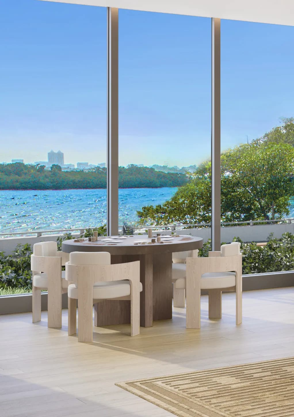 Round private-dining table set against the window wall