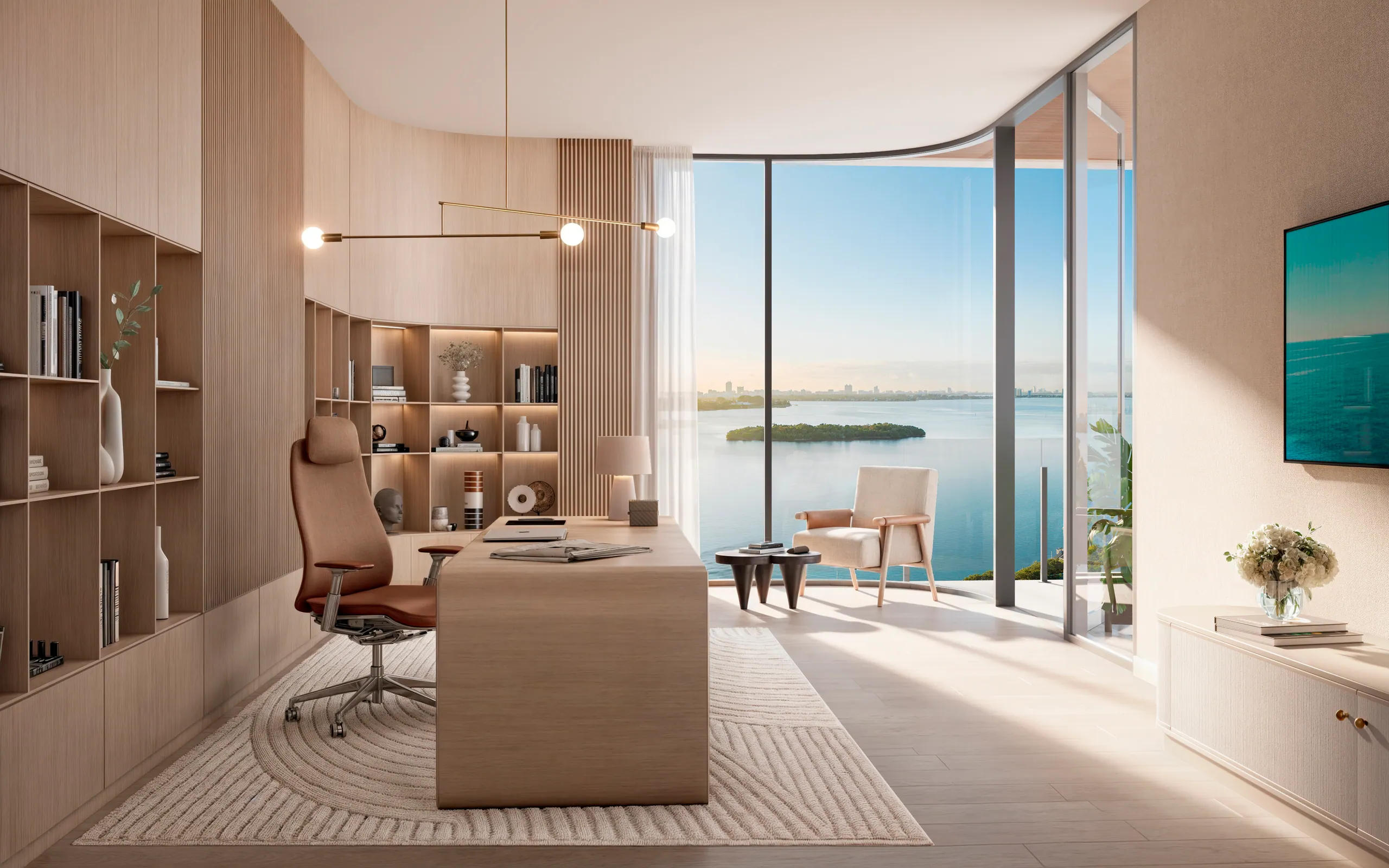 Home office and study with desk, shelving and corner glass