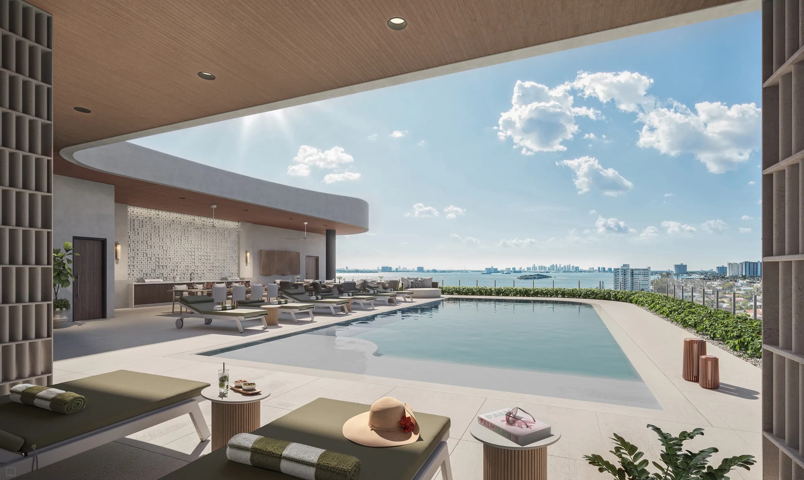 Rooftop infinity pool deck with loungers and cabana bar