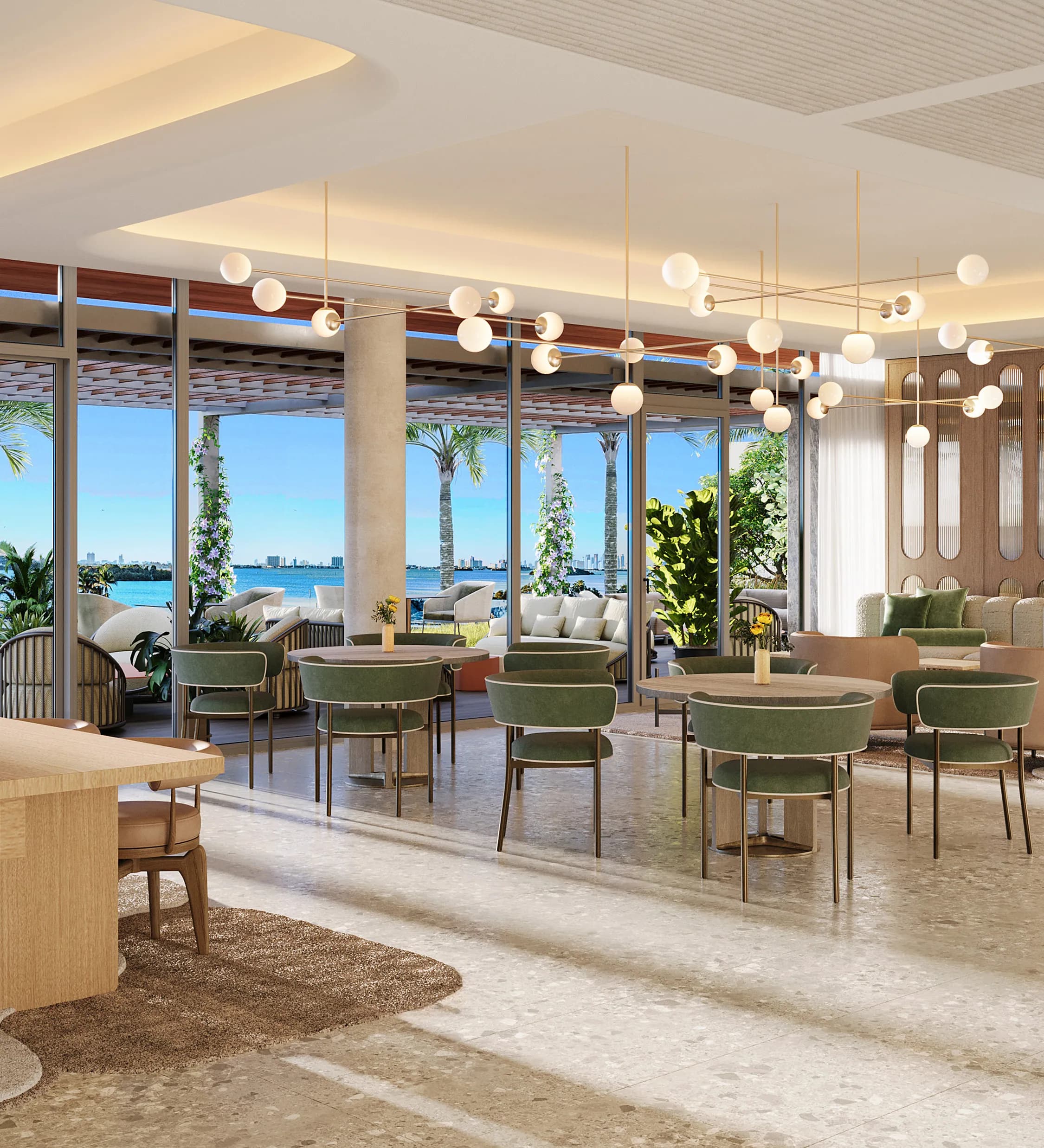 Club social lounge with sage-green chairs, globe-cluster chandeliers and bay through the glass