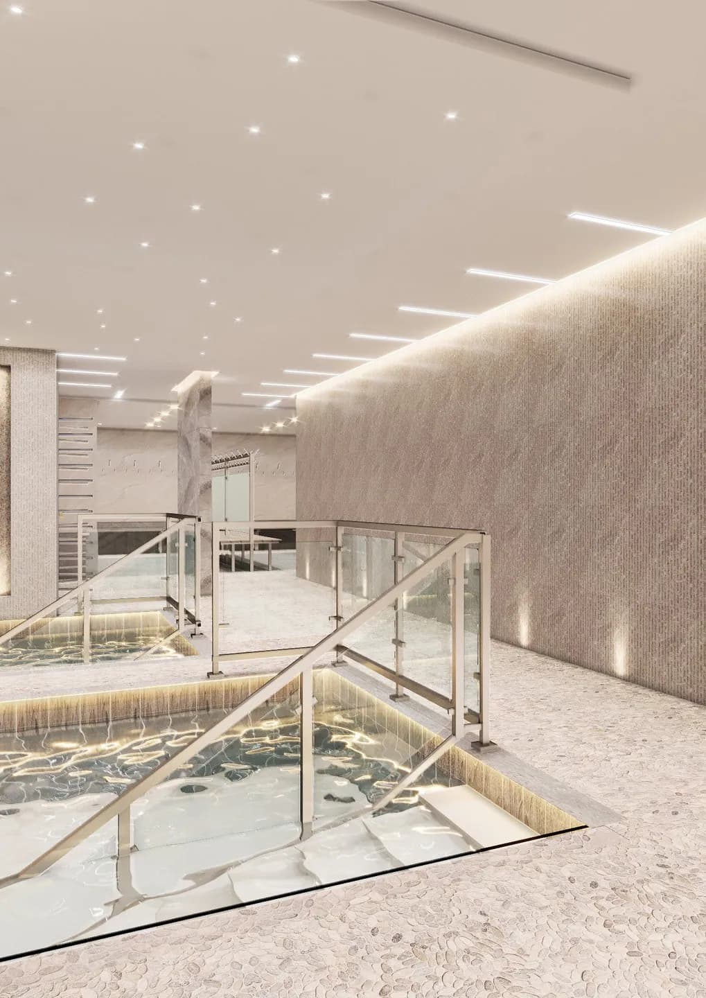 Stepped water feature and mikvah hall at the wellness spa