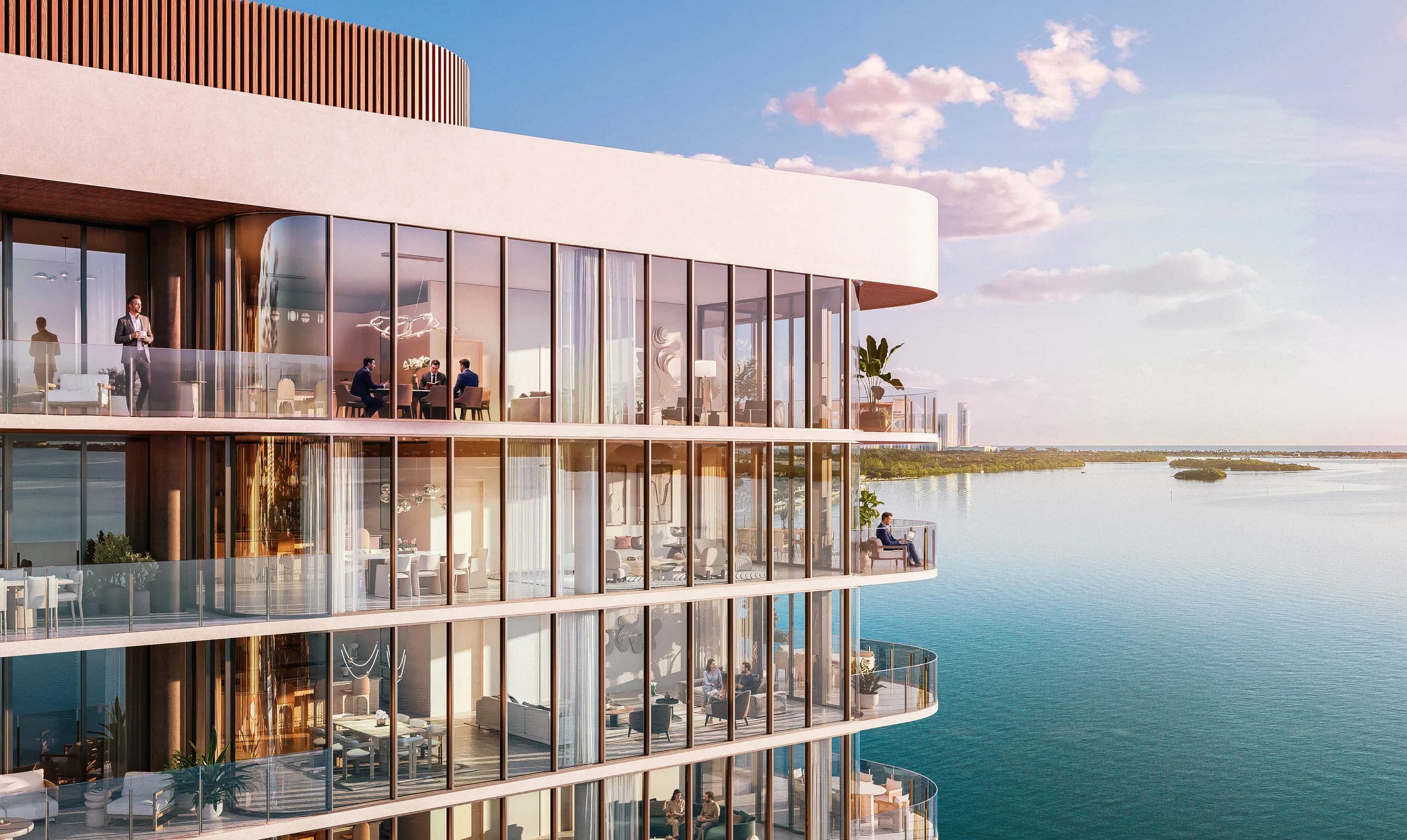 Solana Bay's facade over the open bay at golden hour