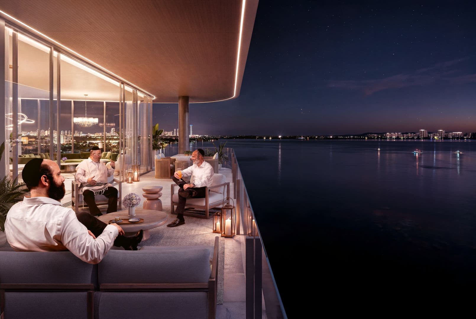 Curved-overhang terrace with bay-front seating overlooking Biscayne Bay